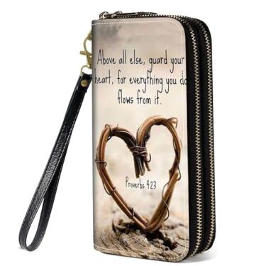 Imagem de BWOOLL Carteira feminina com estampa de citação inspiradora, porta-cartão de crédito, couro PU, zíper duplo, carteira clutch, Citação Versículo da Bíblia Provérbios 4:23