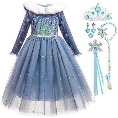 Imagem de Luzlen Fantasia infantil de princesa da neve para meninas, vestido de rainha azul para Halloween, Natal, cosplay, festa, Azul, 6-7 Anos