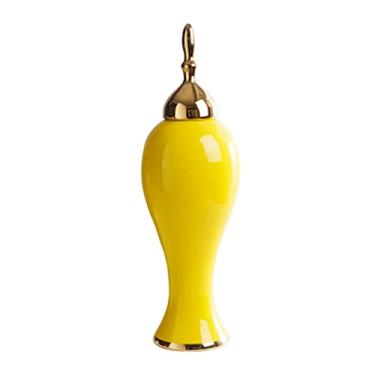 Imagem de Vaso de cerâmica amarela de gengibre com tampa, potes de porcelana decorativos contemporâneos modernos com tampas, vasos de flores brilhantes para decoração de prateleira de sala de estar