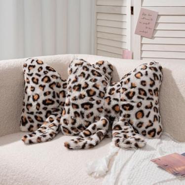 Imagem de GKWW Travesseiro de pelúcia com estampa de leopardo, laço peludo, flor fofa, almofada de pelúcia guepardo, decoração de casa, laço de pelúcia para cama, sofá, decoração de sala de estar (branco-B