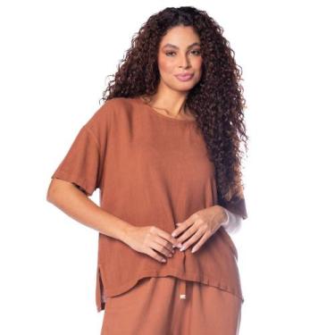 Imagem de Blusa Feminina Biamar Oversized Mullet Viscose/Linho Marrom, Marrom, Ú