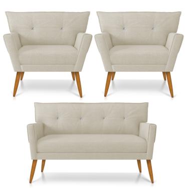 Imagem de Kit 01 Namoradeira 02 Lugares e 02 Poltronas Anitta com Strass Linho Pés Palito Castanho - D?Rossi