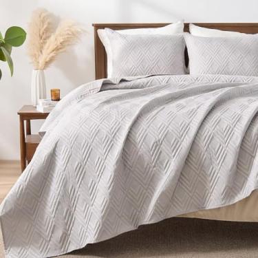 Imagem de EMME Conjunto de cama de solteiro, colcha, cinza, macio, pré-lavado, conjunto de cama de inverno, 2 peças, edredom de microfibra reversível aconchegante com fronha (padrão quadrado, 167 x 228 cm)