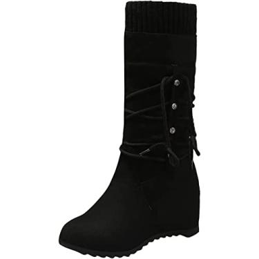 Imagem de Botas femininas de camurça sintética larga até o joelho cano médio cano alto moda clássica botas de inverno sem cadarço, Preto, 36 BR