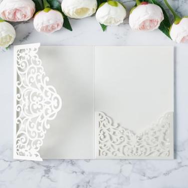 Imagem de ponatia 20 peças de bolsos de convites de casamento corte a laser marfim, três dobras 13 x 19 cm, bolsos de convite cortados a laser para chá de panela, 15 anos, convite (sem envelopes e lençóis