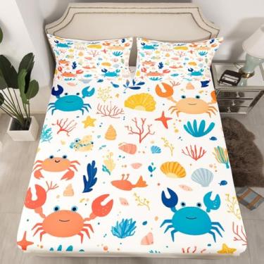 Imagem de Erosebridal Jogo de lençol casal com desenho animado de caranguejo fofo de estrela do mar, caranguejo costeiro, para crianças, meninos e meninas, lençol com elástico