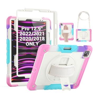 Imagem de SEYMAC Capa infantil para iPad Pro 12.9 2022/2021/2020/2018, capa resistente à prova de choque com protetor de tela, suporte giratório/alça de ombro, suporta carregamento Pencil 2, rosa bege