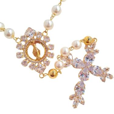 Imagem de Terço de Noiva Luxuoso com Zircônias e Pérolas, Banho de Ouro Dourado, Nossa Senhora das Graças