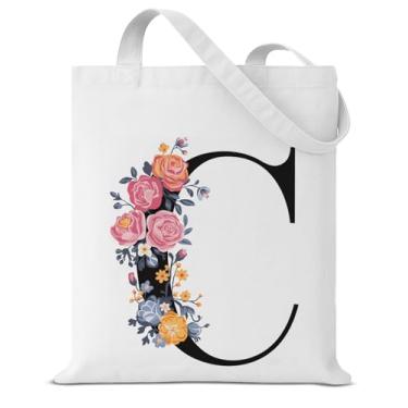 Imagem de Sacola de lona inicial C para mulheres, meninas, floral, letra C, personalizada, reutilizável, mercearia, bolsa de ombro para compras, viagens, trabalho, praia, presente com monograma