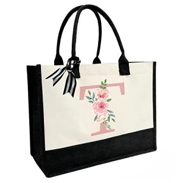 Imagem de Sacola de lona com carta impressa, presentes personalizados para mulheres, mães, amigas, professoras, bolsas de praia premium com zíper, T, Large