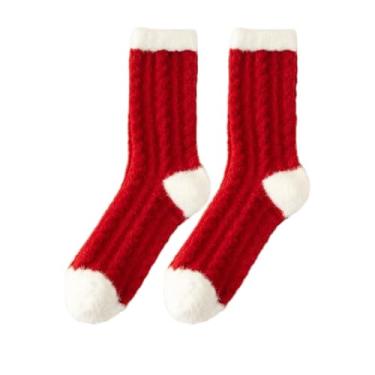 Imagem de Meias femininas aconchegantes de malha vermelha torcida com design natalino com conforto e boa para o calor do inverno e relaxamento, aderência antiderrapante de silicone para caminhadas seguras