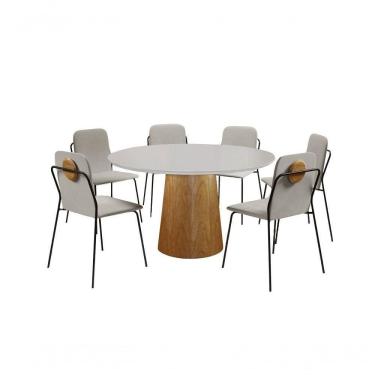 Imagem de Conjunto De Jantar Florença Com 6 Cadeiras Com Detalhe Em Madeira Base Paris Bm Tubulares Off White-tecido 502