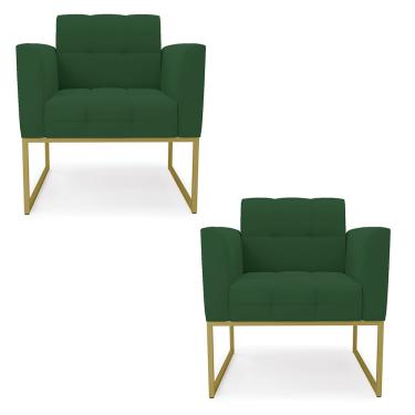 Imagem de Kit 2 Poltronas Elisa Veludo Verde Base Metálica Industrial Dourado - D'Rossi