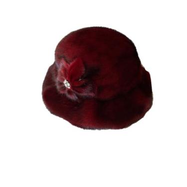 Imagem de Chapéu feminino de flor de pele térmica chapéu de inverno elegante design peplum tendência pele bacia chapéu vinho vermelho P