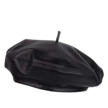 Imagem de Boina feminina de couro genuíno Europa/América, retrô, ajustada, chapéu pintor, mujer, gorro preto 2 54-55 cm