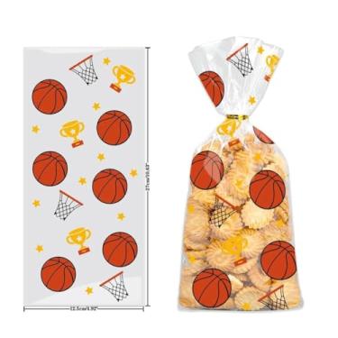 Imagem de 50 sacos de guloseimas de basquete, sacos de celofane, doces, seláveis a quente, presente com 50 peças de laços torcidos para festa de aniversário
