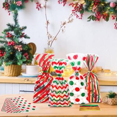 Imagem de 100 sacos de celofane de Natal com laços torcidos, sacos de plástico verde vermelho de Natal, 4 designs de bolinhas listradas, presente de presente para Natal, presentes de férias, artigos de festa