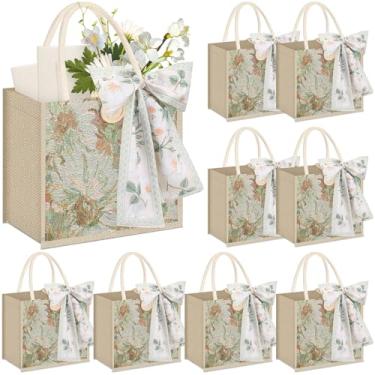 Imagem de Abbylike 8 peças sacola de estopa com cachecol floral juta bordado bolsa de mercearia para mulheres, casamento, dama de honra, presente de compras (padrão verde)