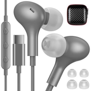 Imagem de Fones de ouvido USB C com fio para Apple iPhone 16 Plus 15 Pro Max 16e iPad pequeno fone de ouvido tipo C com microfone para Samsung Galaxy S25 S24 S23 Ultra S22 Google Pixel 9 8 7 cinza