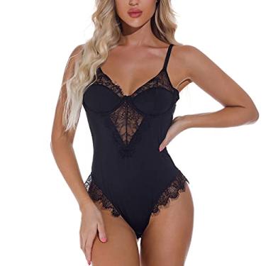 Imagem de WYUYIWH Camisolas e Negligliges Femininos Sexy Leopardo Renda Tamanho Grande Lingerie Body Pijamas (Cor: Marrom, Tamanho: Pequeno) (Preto M)