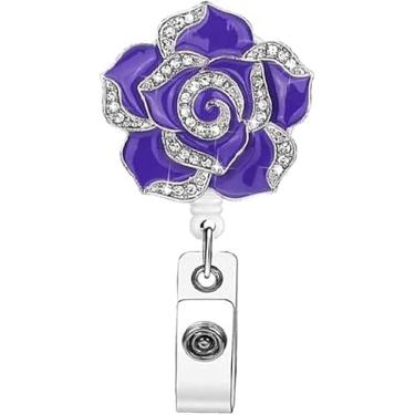 Imagem de Carretel de crachá de diamante de flor de rosa roxa retrátil com glitter com clipe jacaré para crachá de nome para estudante de enfermeira de escritório, porta-crachás, crachás de identificação e