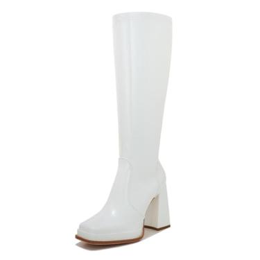 Imagem de ZXHYZLZ Botas femininas Gogo de panturrilha larga dos anos 70 plus size – Botas retrô de salto alto alto e salto quadrado, Branco, 10.5 Wide