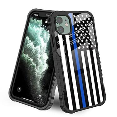 Imagem de Capa com design de bandeira americana fina linha azul para iPhone 11 [absorção de choque] [resistente a arranhões] [antiderrapante] [bisel da câmera] capa com moldura de TPU flexível traseira de policarbonato rígido