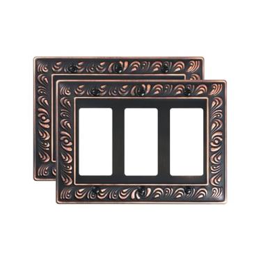 Imagem de TREEWELL Pacote com 2 placas decorativas triplas, placas decorativas para interruptores e tampas de tomada, 3 placas de parede de metal bronze envelhecido em bronze, resistentes à corrosão
