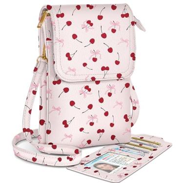 Imagem de Miss Adola Pequena bolsa transversal para celular feminina - linda carteira para celular bolsa transversal de couro para meninas e mulheres com compartimento para cartão e ombro ajustável, cereja
