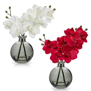 Imagem de Oairse Orquídeas vermelhas e brancas, flores artificiais, arranjo de orquídeas artificiais com vaso de vidro preto, conjunto de 2 peças centrais de orquídeas Phalaenopsis de toque real para mesa de