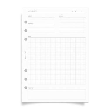 Imagem de Inserções de agenda de notas de reunião – tamanho A5, 15 páginas (30 dupla face), sem data, papel pesado perfurado com 6 furos com data/hora, assunto, agenda, participantes, notas e campos de
