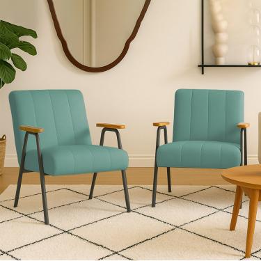 Imagem de Poltrona Sala Decorativa Industrial Preto Kit 2 Laurita Linho Verde Menta K01 - D'Rossi