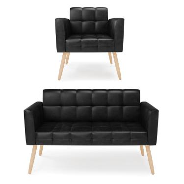 Imagem de Kit 1 Sofá Namoradeira e 1 Poltrona Elisa Corano Preto Pés Palito Natural D03 - D'Rossi
