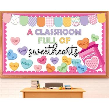 Imagem de Conjunto de quadro de avisos para o dia dos namorados, decorações de sala de aula, uma sala de aula cheia de recortes de papel para coração, etiquetas de nome para escola, casa, escritório