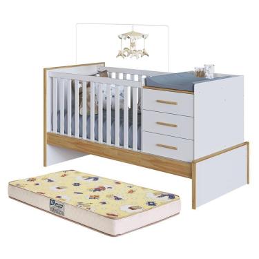 Imagem de Berço Multifuncional Beni 4 Em 1 Branco Brilho/amêndoa Com 3 Gavetas E Colchão Supreme - Móveis Peroba