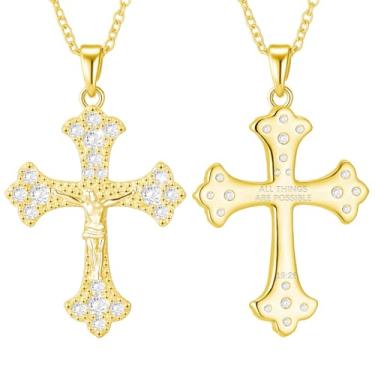 Imagem de Colar de cruz para mulheres, banhado a ouro 18 K, pingente de cruz de Jesus, joias de presente de aniversário para mulheres e meninas 40,6 + 7,6 cm, 28:20, Ouro, Zircônia cúbica