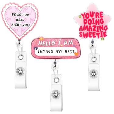 Imagem de 3 peças, engraçado, fofo, em forma de coração, carretel retrátil para crachá de enfermeira com clipe jacaré, glitter, crachás de identificação, carretel, rosa, enfermeira, presentes, acessórios