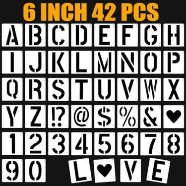 Imagem de 42 peças de estênceis de letras de 15 cm, kit de estênceis de artesanato interligados, modelos de alfabeto de plástico reutilizáveis em madeira, parede, pedra, tecido, placa, projetos de arte DIY