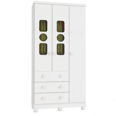 Imagem de Armário Infantil 3 Portas 3 Gavetas Tedy - Moveis Peroba Branco Brilho