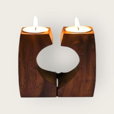 Imagem de Suporte de vela de madeira para luz de chá, conjunto de 2 peças centrais de decoração de casa rústicas e elegantes com 10 velas de luz de chá – Castiçais de madeira feitos à mão para mesa, sala de