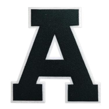 Imagem de 1 Patch de letra de chenille preto de 16,5 cm com borda branca – Adesivos do alfabeto para roupas, jaquetas, mochilas, chapéus para decoração personalizada, nome personalizado e artesanato. (A)