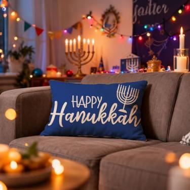 Imagem de Happy Hanukkah Menorah Capa de almofada, 30,5 x 50,8 cm, Hanukkah, capa de almofada para sofá azul