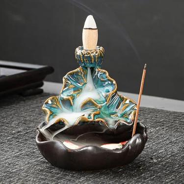 Imagem de Queimador de incenso de refluxo de cerâmica, decoração criativa para casa, queimador de incenso de refluxo em forma de peixe artesanal, aproveite o aroma de sândalo (folha de lótus B-4 - azul)