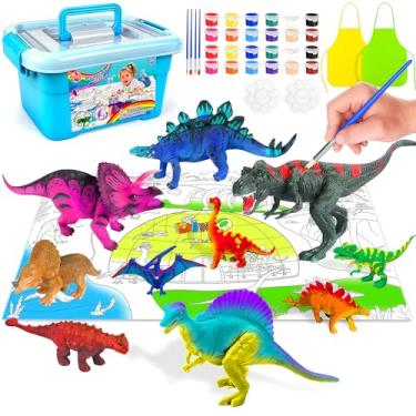 Imagem de Kits de arte e artesanato de dinossauros para meninos e crianças de 4 a 8 anos. O conjunto de pintura de pintar suas próprias artes e artesanato inclui caixa de armazenamento, estatuetas de animais