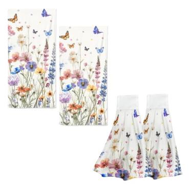 Imagem de qiuhuang Conjunto de 4 toalhas de mão florais em aquarela com 4 unidades de toalhas de cozinha decorativas primavera verão toalhas de cozinha penduradas para casa de banho spa pano de prato toalhas