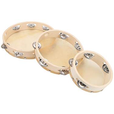 Imagem de RiToEasysports Conjunto de Pandeiro de 3 Peças, Instrumento de Percussão de Mão de Madeira, Bateria de Jingle de Couro de Vaca de Madeira Maciça para Crianças e Adultos, Ideal para Apresentações de