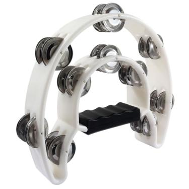 Imagem de Auvotuis Pandeiro de meia lua, percussão manual branca, jingles de metal, pandeiro de fileira única para festa, KTV