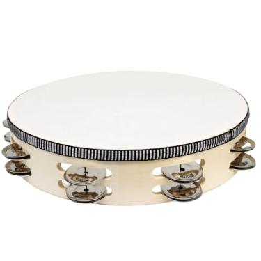 Imagem de Moicstiy Pandeiro redondo de madeira de 25,4 cm, pandeiro de fileira dupla com jingles de metal, instrumento musical de percussão portátil para KTV, festa, brinquedo educativo da igreja (1 peça)