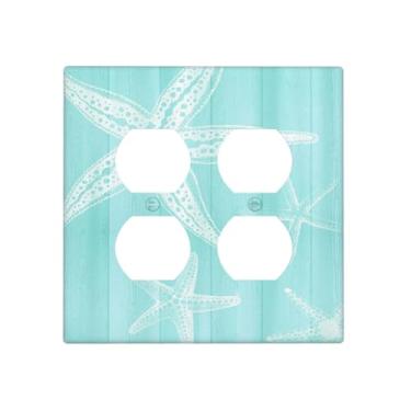 Imagem de BHGAHD Capas decorativas vintage azul de madeira estrela-do-mar náutica 2 gangues placa de parede duplo interruptor de luz dupla placa de interruptor para decoração de quarto e casa