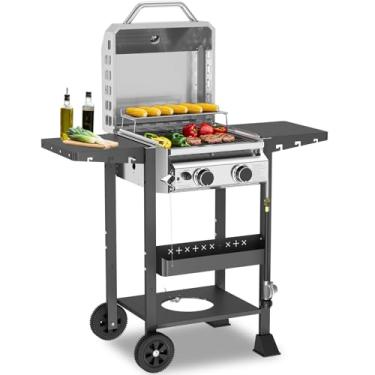 Imagem de WAA Churrasqueira a gás propano com 2 bocas, churrasqueira de aço inoxidável 16000 BTU com grades de ferro fundido, prateleiras laterais de armazenamento, tampa superior, bandeja de óleo, rodas ideais